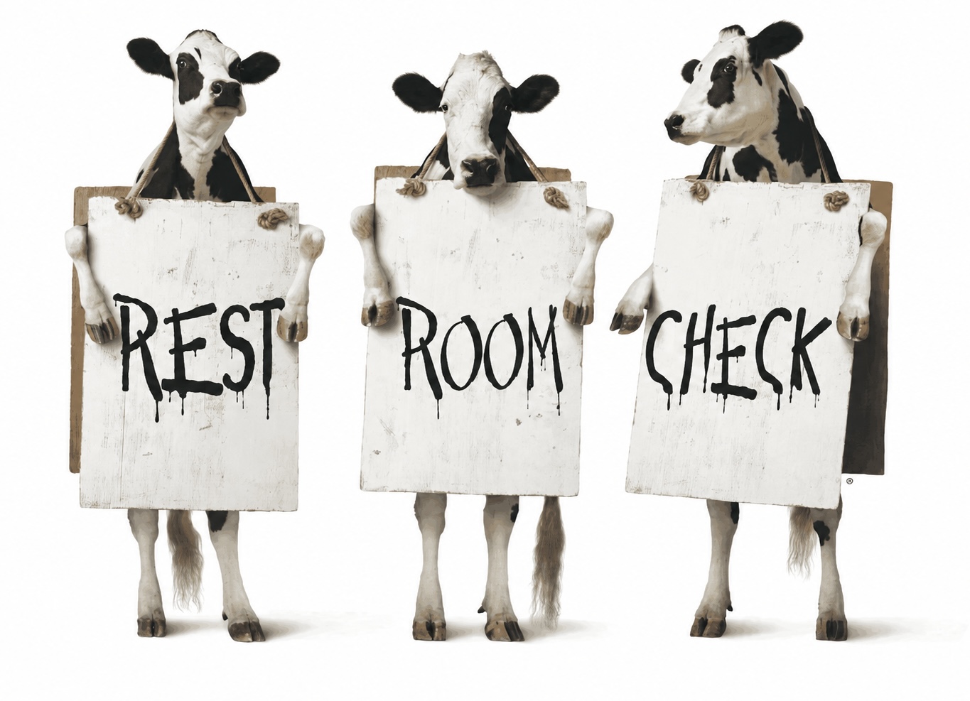 Three cows holding REST ROOM CHECK signs